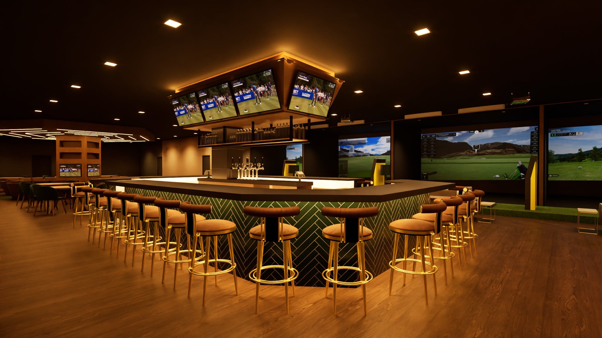 The bar with screens and bar-side seating