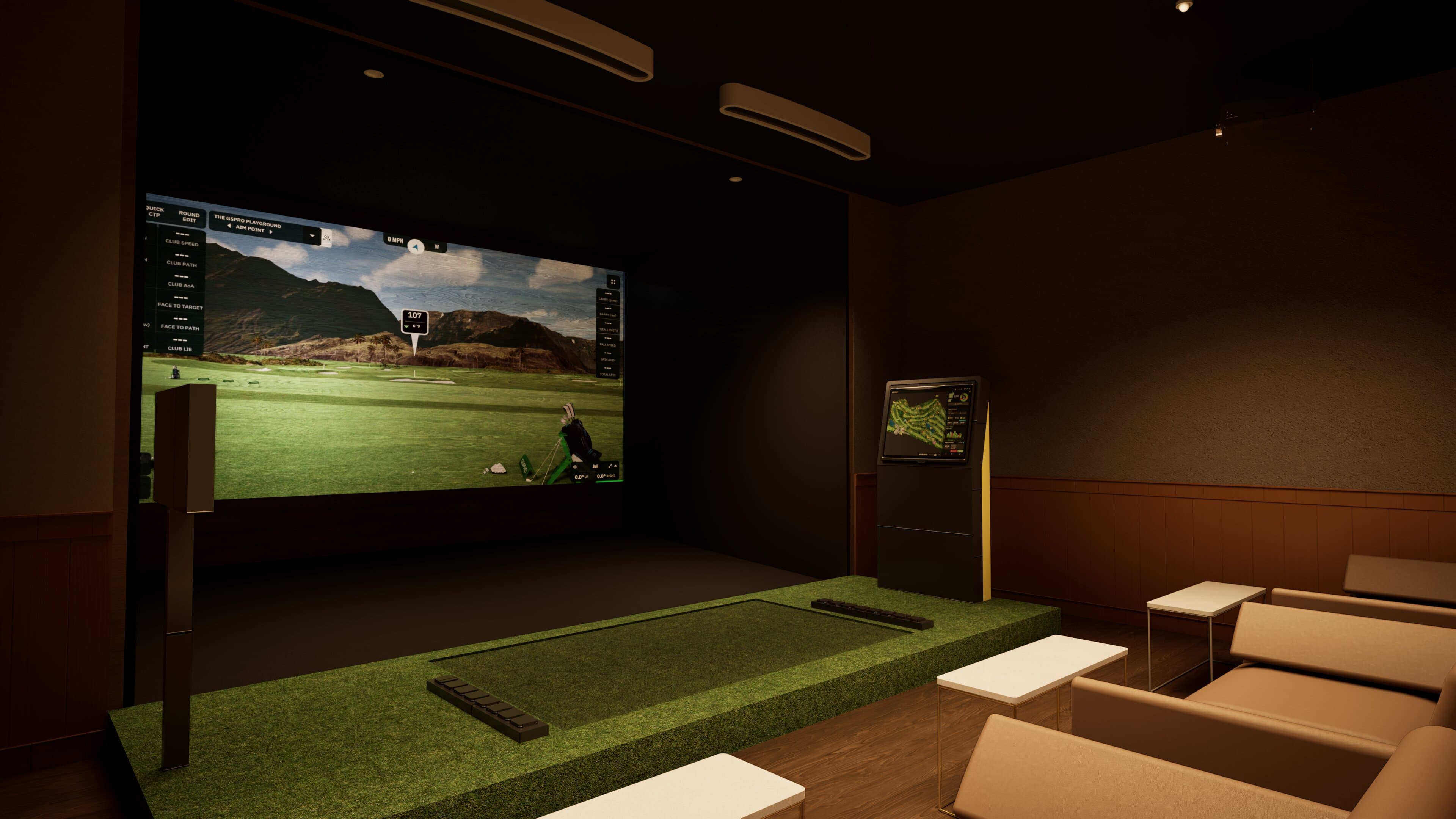 Private golf simulator bay with lounge seating
