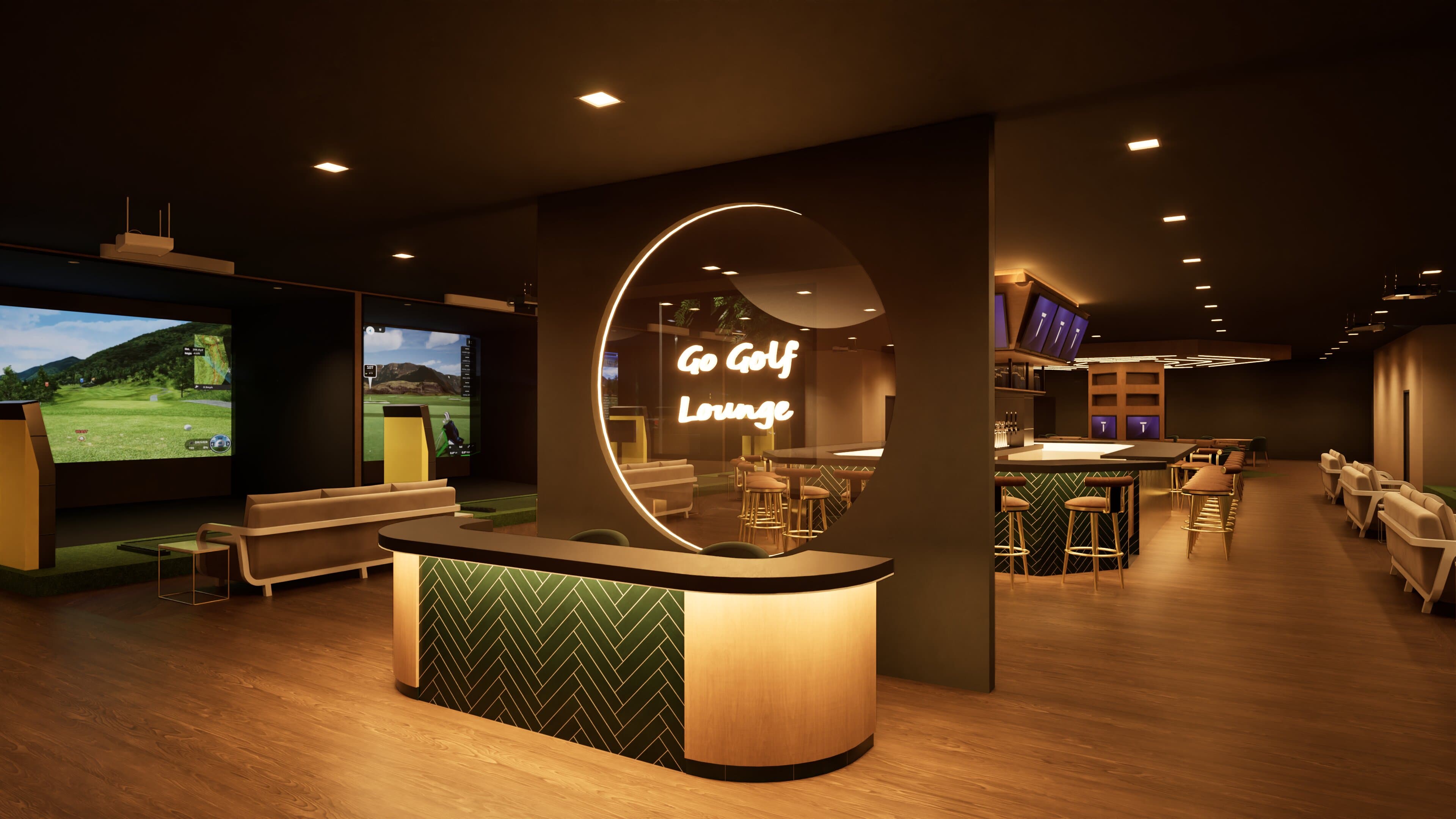 GoGolf Lounge interior with simulator bays and bar